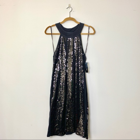 NWT INC Black Sequin Halter Party Dress Size Large - Picture 2 of 5